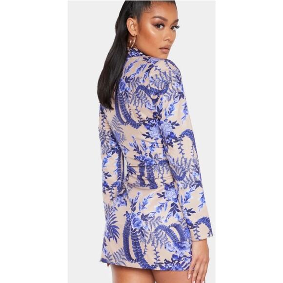 Pretty Little Thing Blazer Wrap Dress Tan Blue Floral 6 - Picture 2 of 10